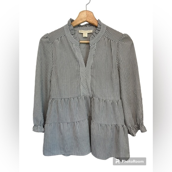 Monteau Seersucker Womens Ruffle Striped Babydoll 3/4 Length Sleeve Blouse Top L - Picture 2 of 6